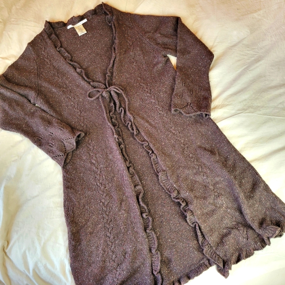 Y2k Textured Knit Brown Long Line Cardigan Duster With Bell Sleeves
